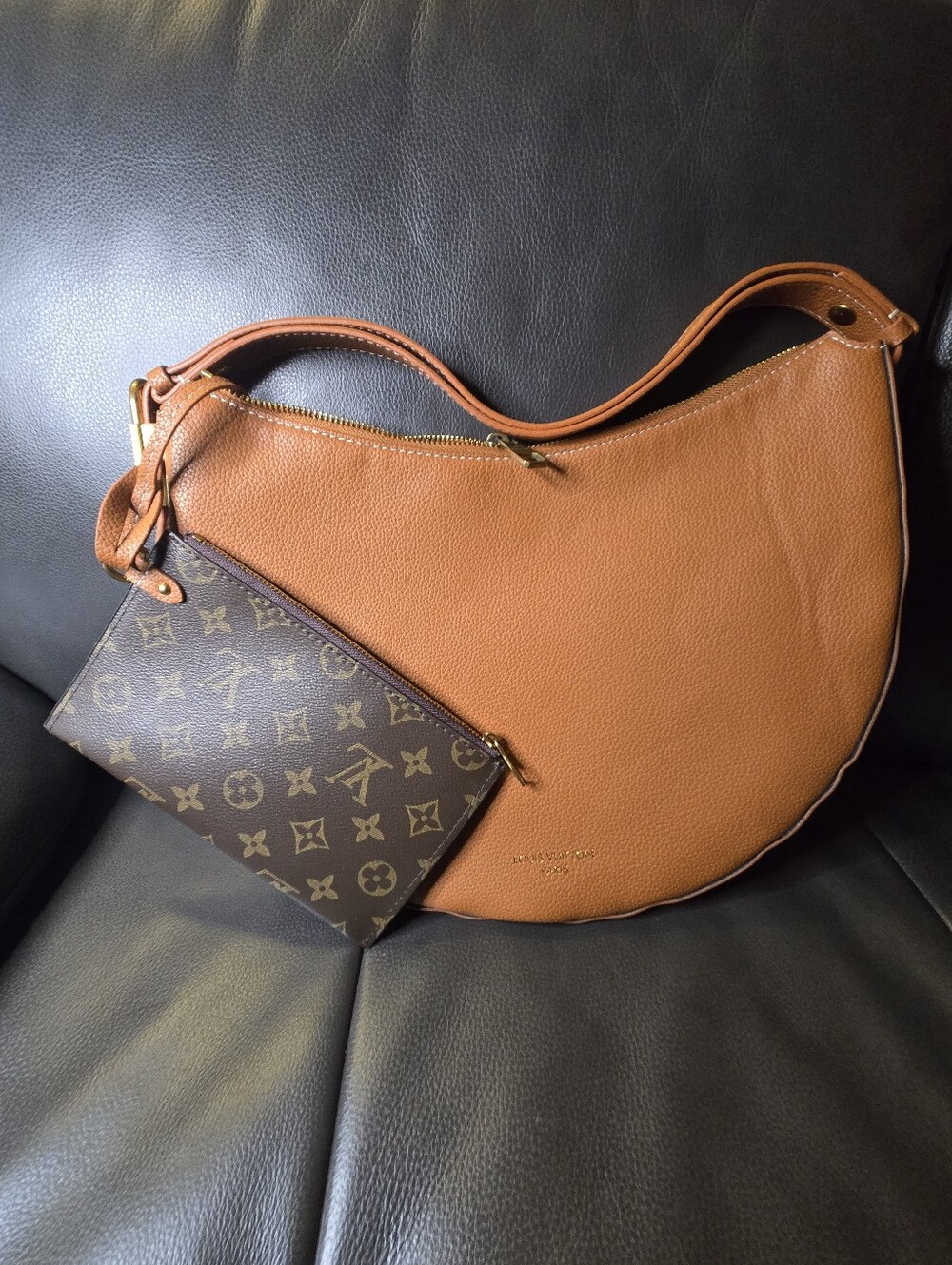 Inspired Cognac Faux Leather Hobo Bag with Monogram Pouch - Tan